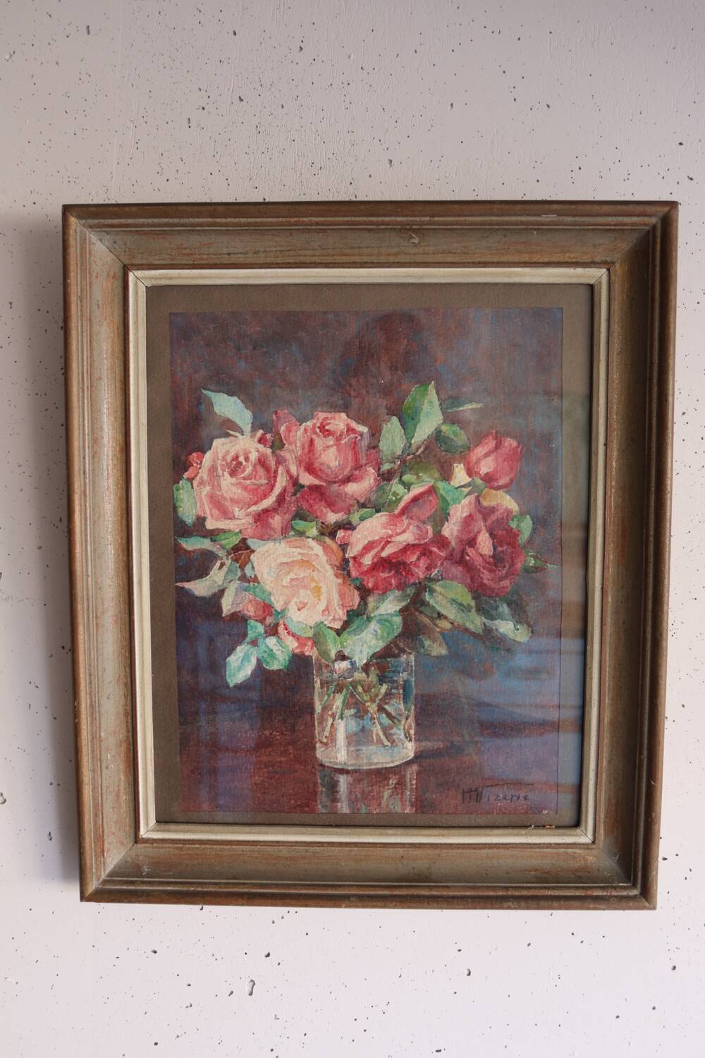 Framed watercolour of roses, signed.