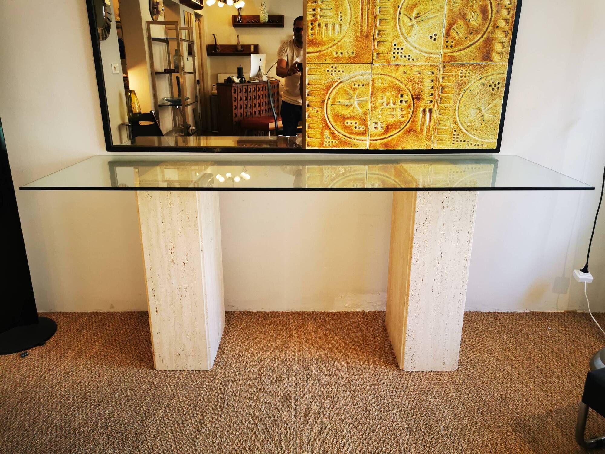 XXL vintage Italian console in travertine and glass from the 80s
