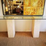 Console  XXL vintage italienne en travertin et verre années 80