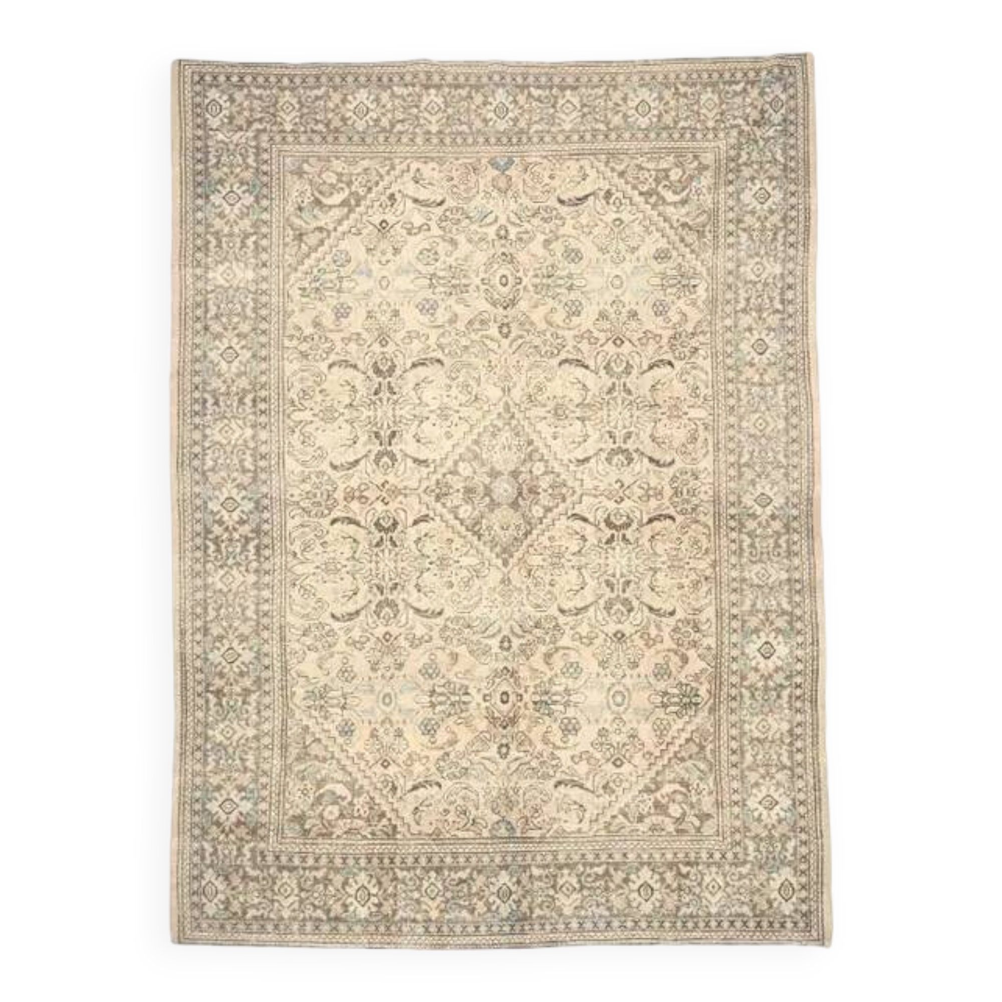 1970s Vintage Persian Handmade Wool Cotton Beige Area Rug 291x387