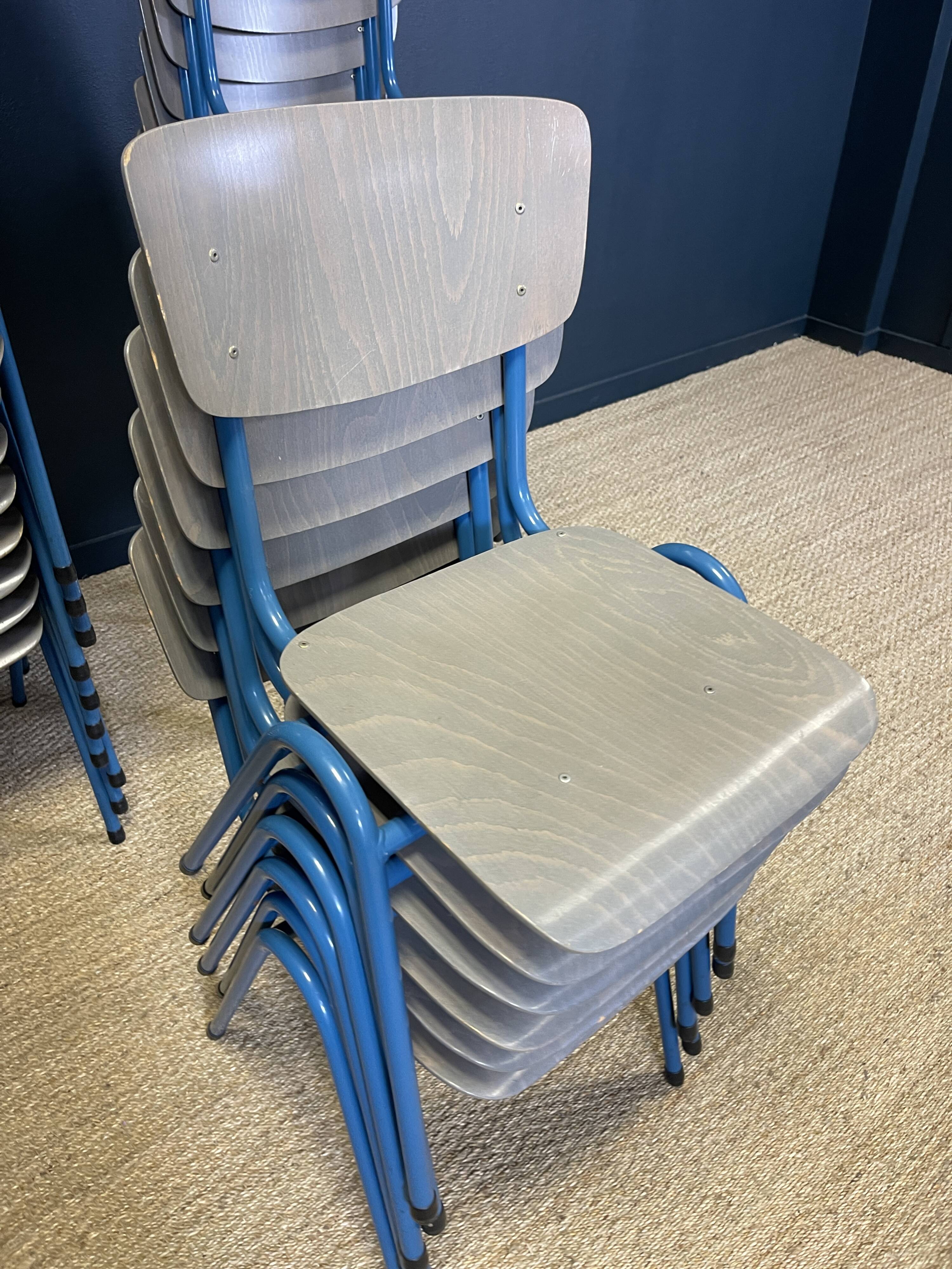Lot of 25 gray wood school chairs with blue feet Netherlands 70s/80s