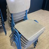 Lot of 25 gray wood school chairs with blue feet Netherlands 70s/80s