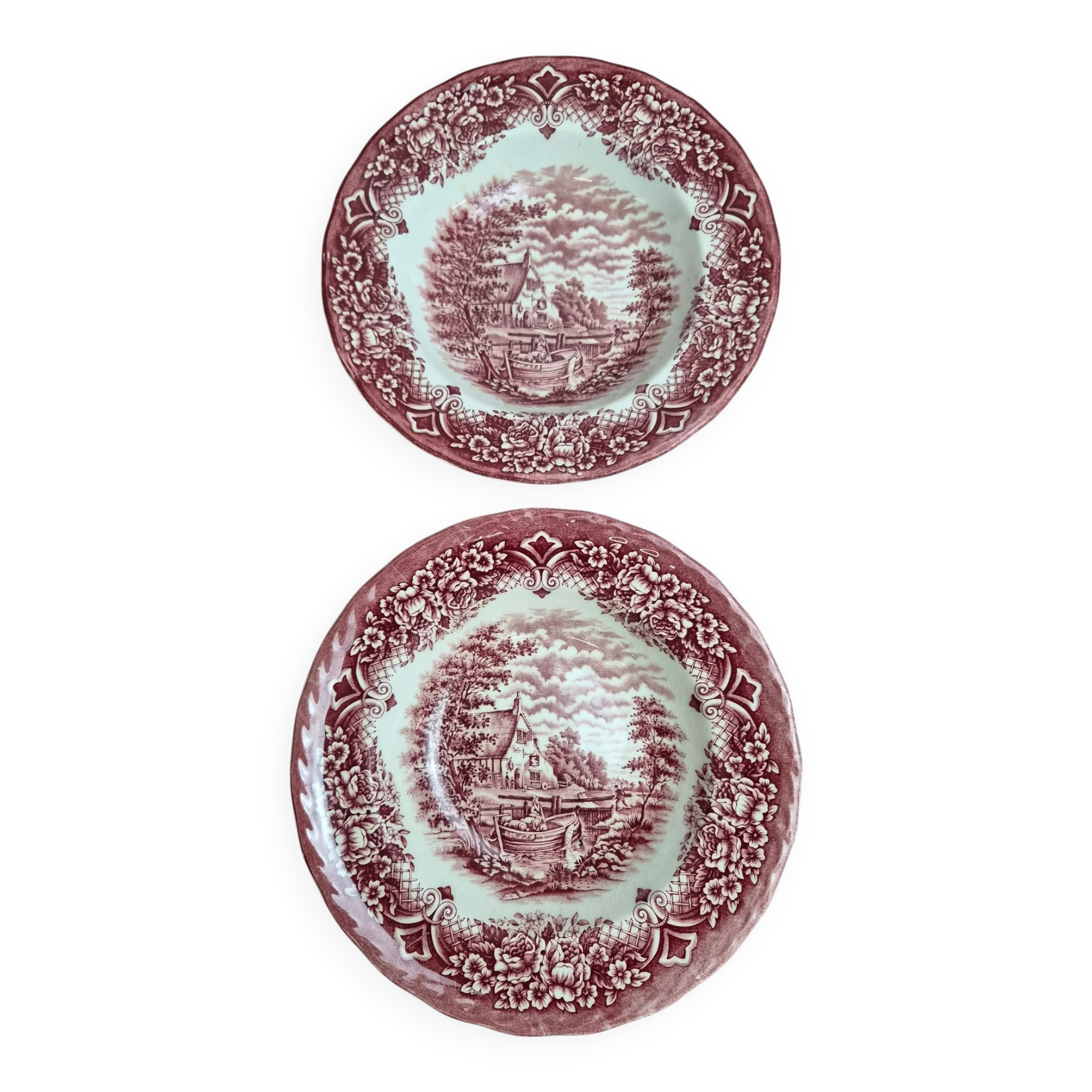 2 vintage deep plates in red Toile de Jouy by Grindley Homeland Staffordshire England.