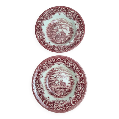 2 assiettes creuses vintage toile de Jouy rouge Grindley Homeland Staffordshire Angleterre