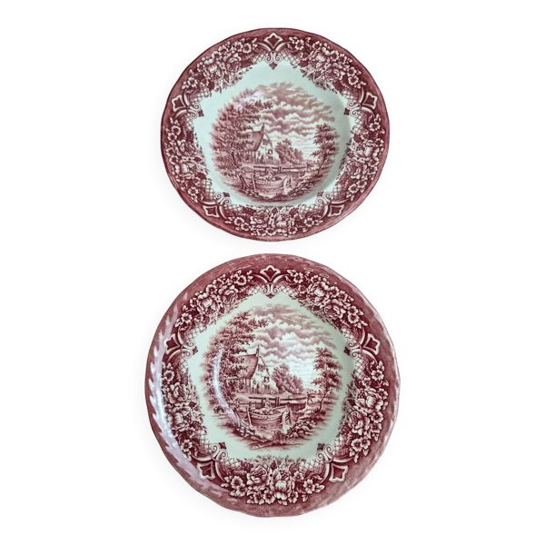 2 assiettes creuses vintage toile de Jouy rouge Grindley Homeland Staffordshire Angleterre