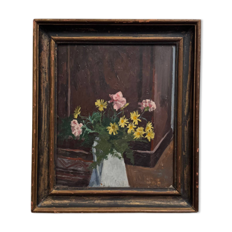 Oil on panel early 20th century bouquet of flowers in its vase