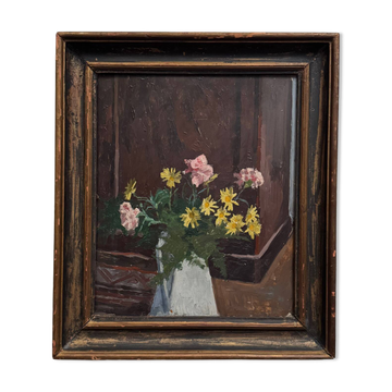 Huile sur panneau début XXe bouquet de fleurs dans son vase