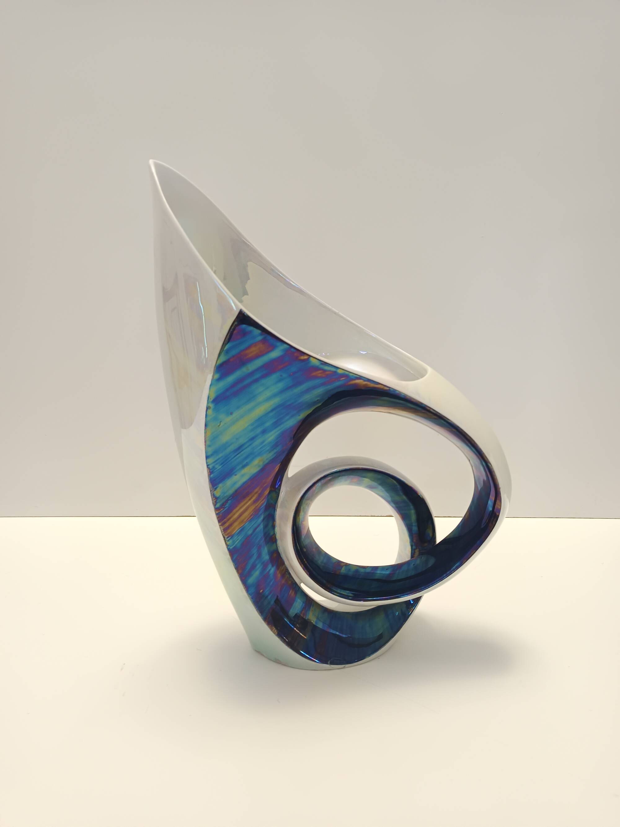White and Iridescent Blue Ceramic Vase / Centerpiece by Lusso, Italy