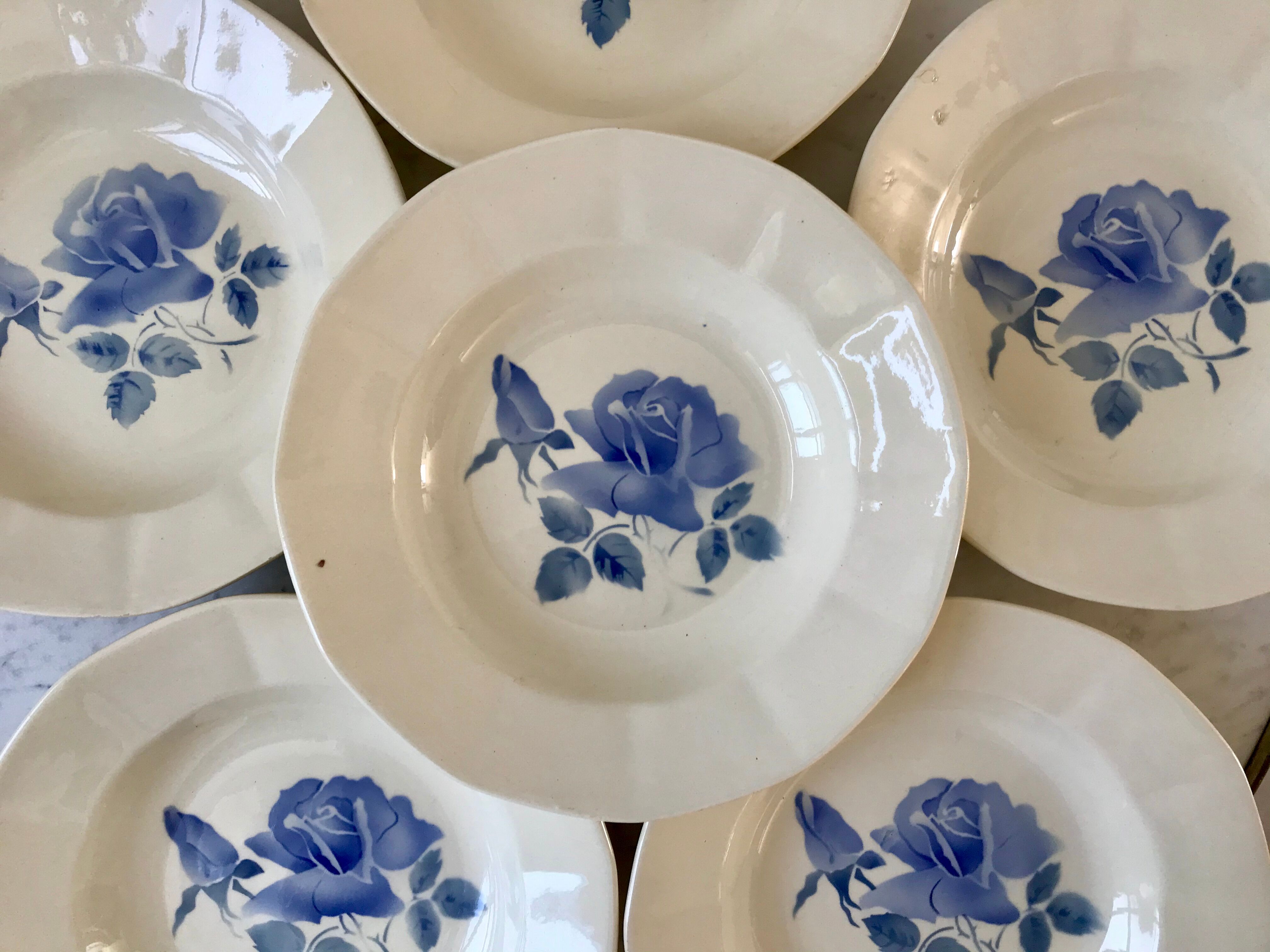 6 hollow plates Digoin Sarreguemines blue flowers 30s