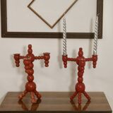 Pair of red wooden candelabra from Sweden 1970