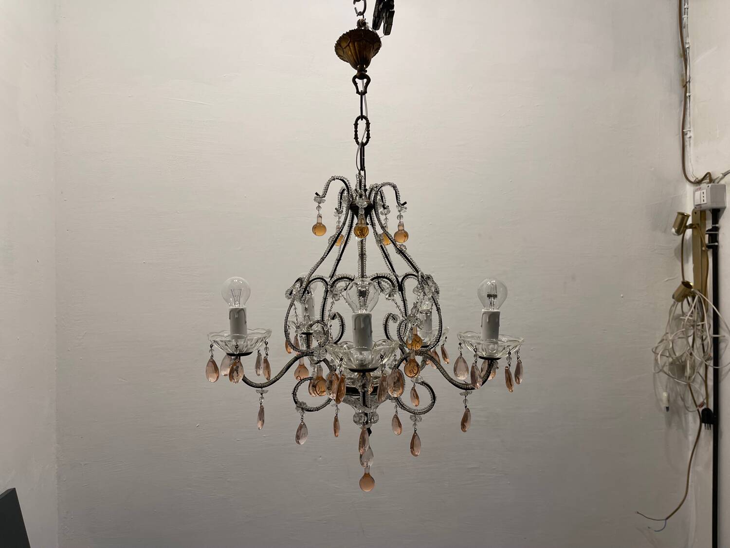 Pink Murano Glass Crystal Beaded Chandelier 1960’s