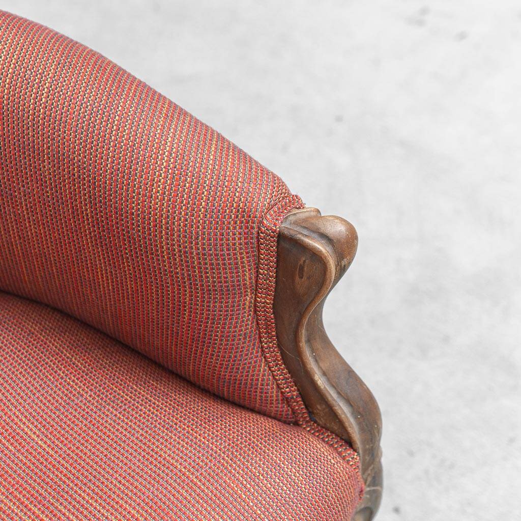 Pair of classic vintage armchairs in carved wood and fabric, 1950s