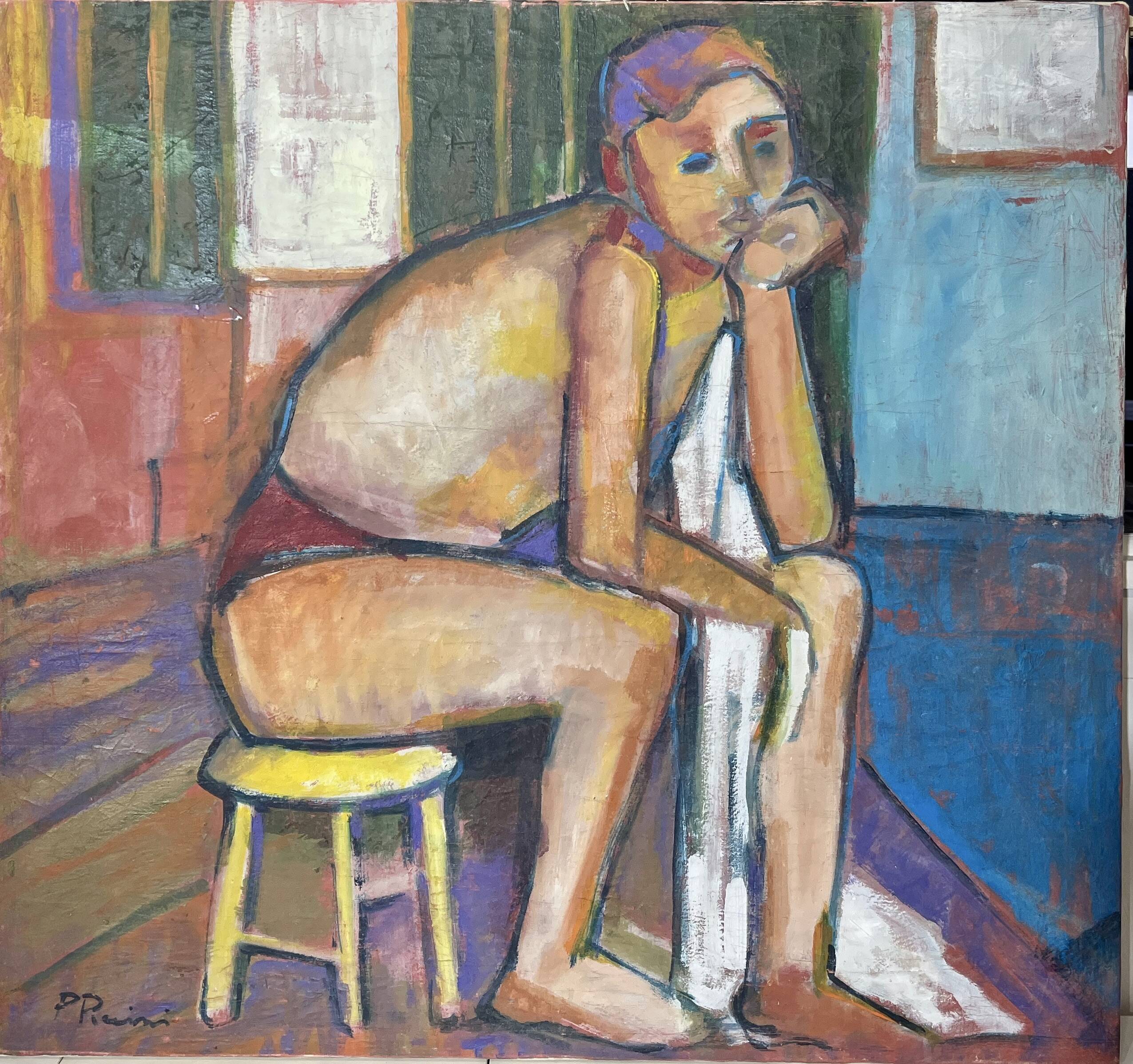 Large vintage figurative painting – Young man sitting – oil on canvas – art