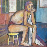 Large vintage figurative painting – Young man sitting – oil on canvas – art