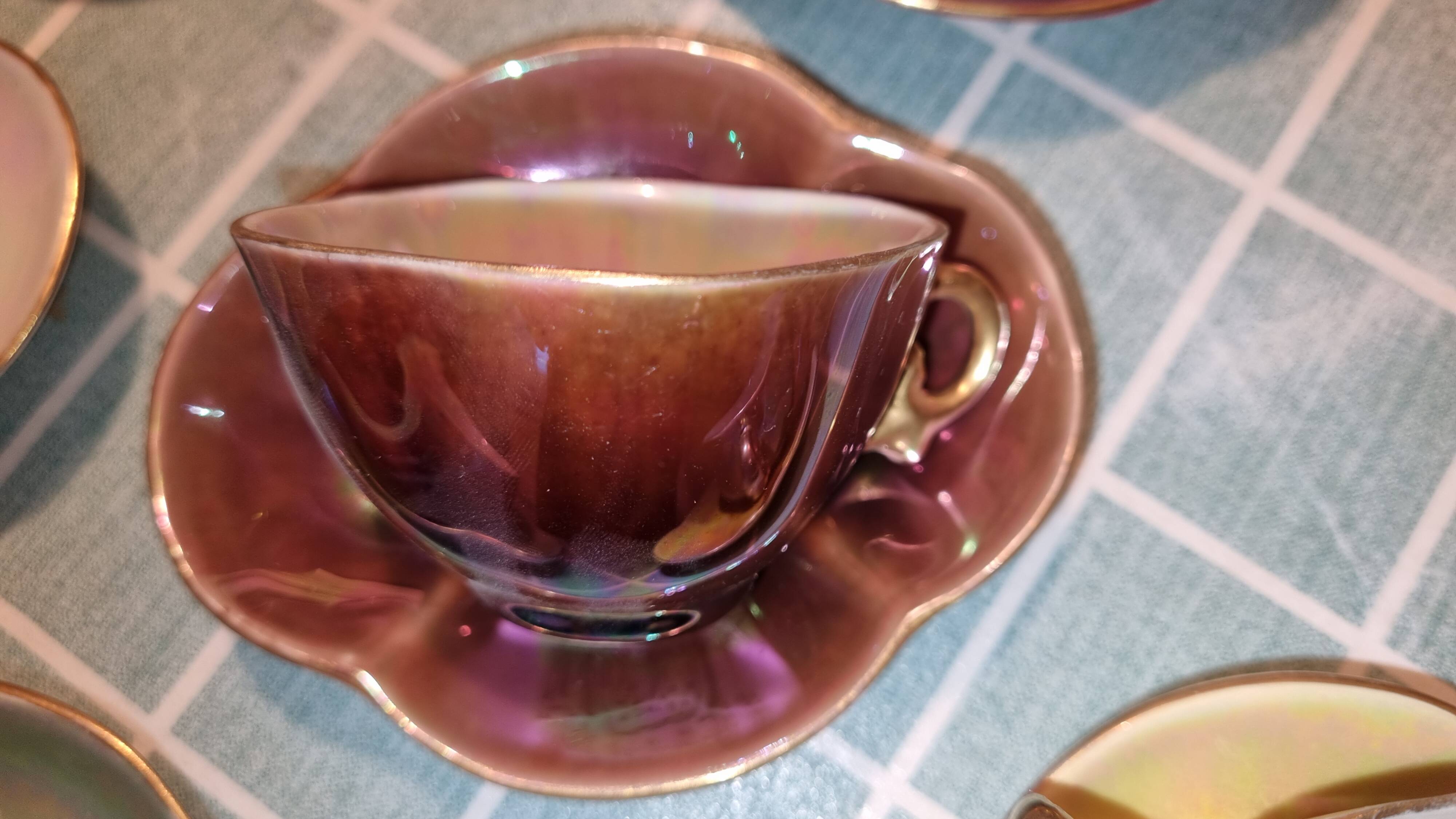 Rare service moka/café 13 cups iridescent porcelain Sarreguemines 19th century