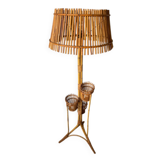 50s rattan plant stand floor lamp