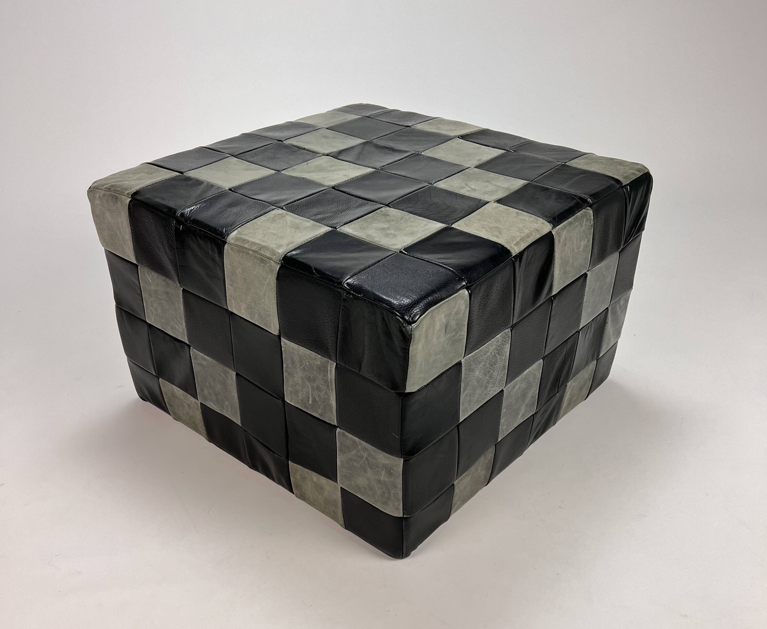 Vintage leather patchwork pouf, 1980s