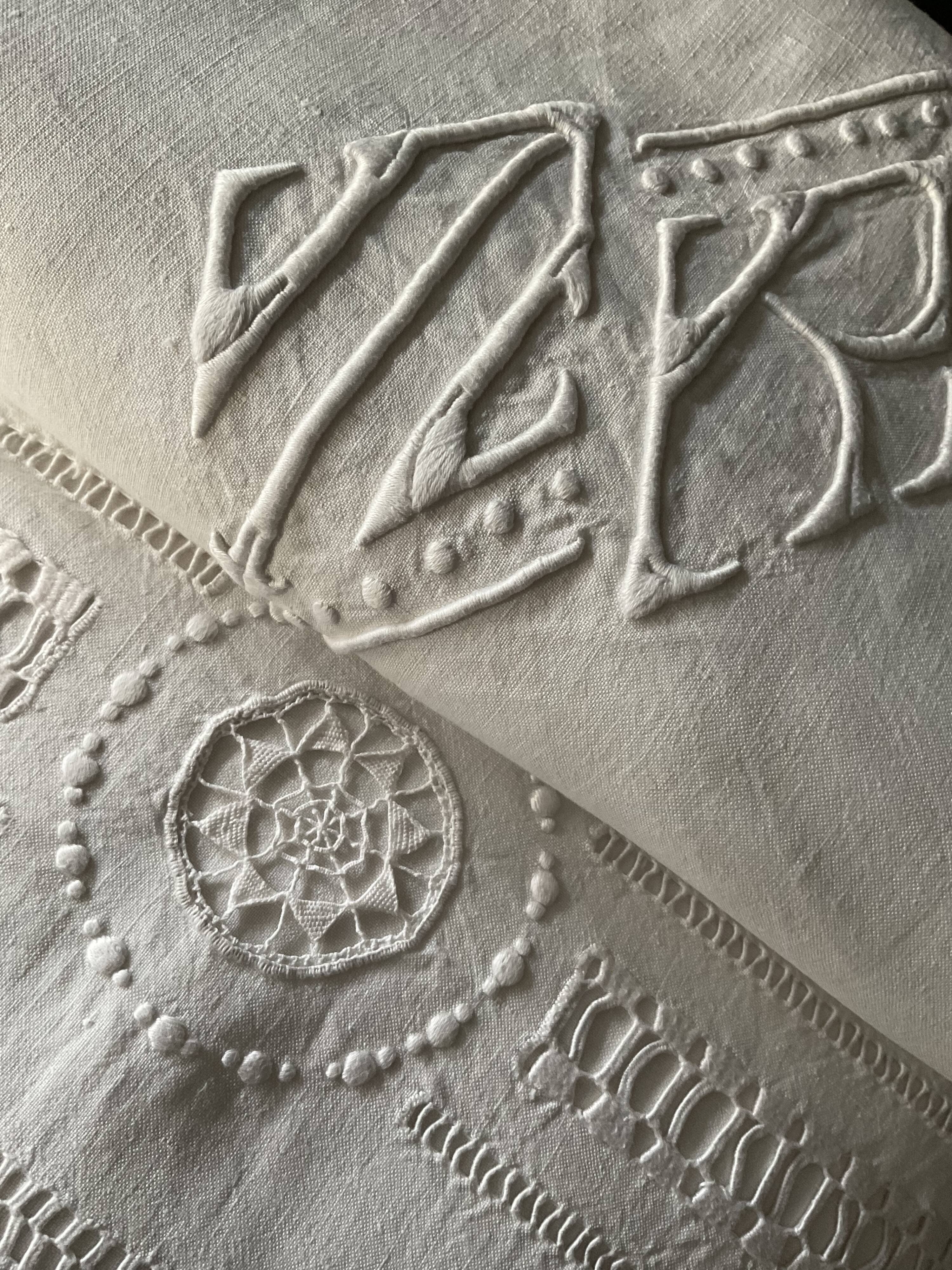 Linen sheet . Old. Monogram M R 207 cm x 300 cm