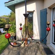 pair of vintage black metal chandeliers with red balls 1950/1970
