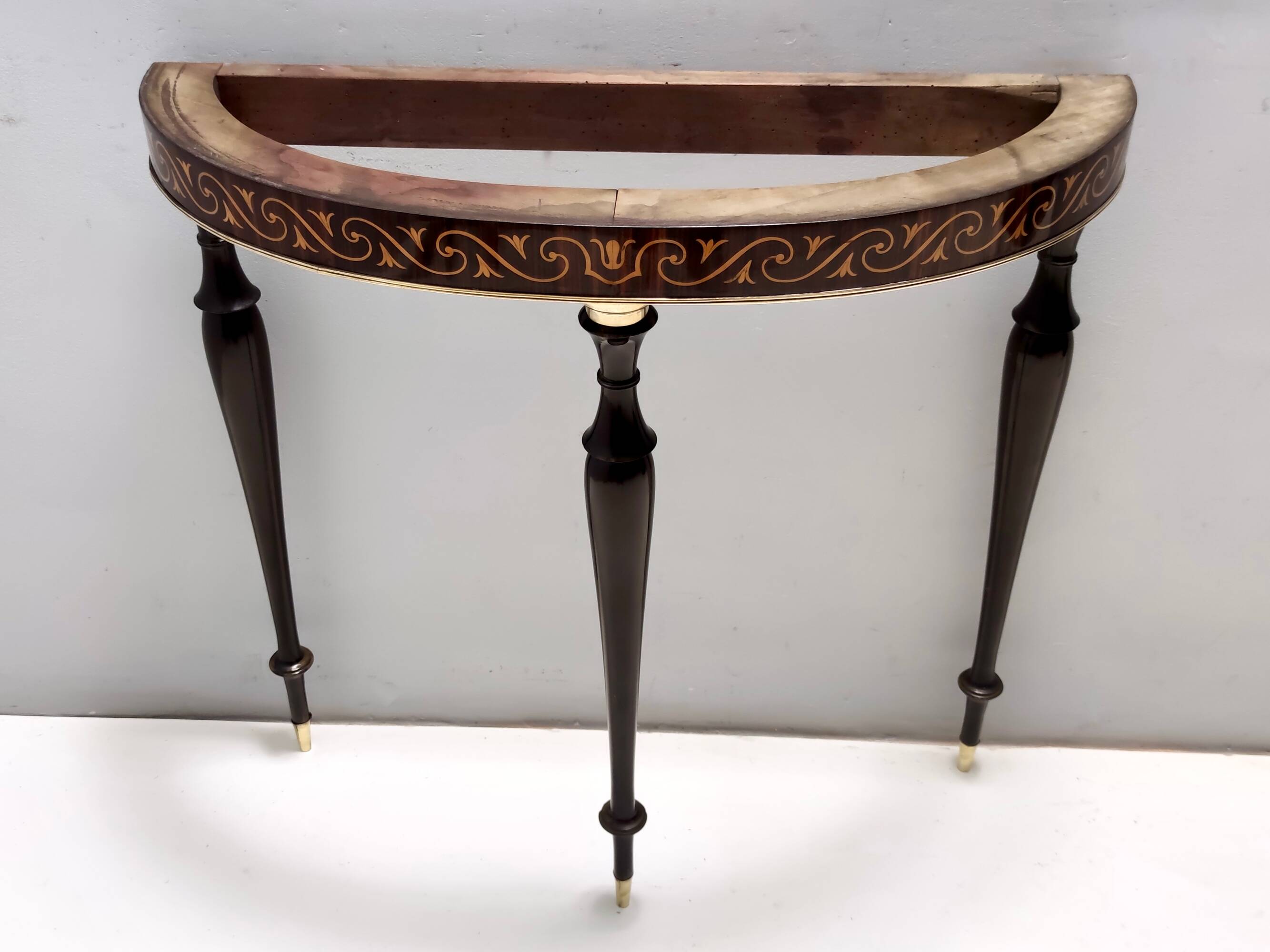 Beech and Black Walnut Console Table with a Demilune Marble Top