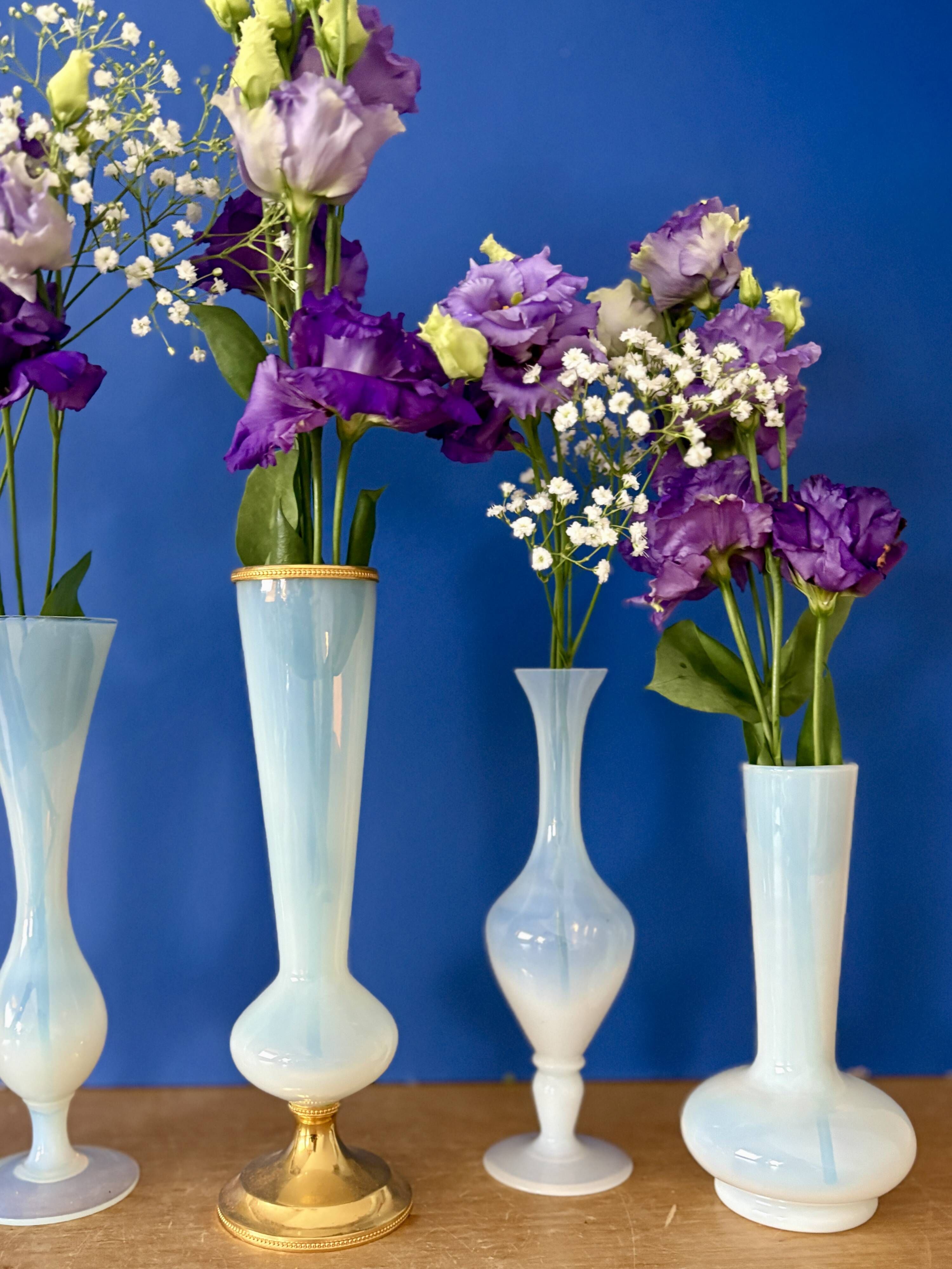 Set of 5 soliflores or antique vases in white opaline and brass.