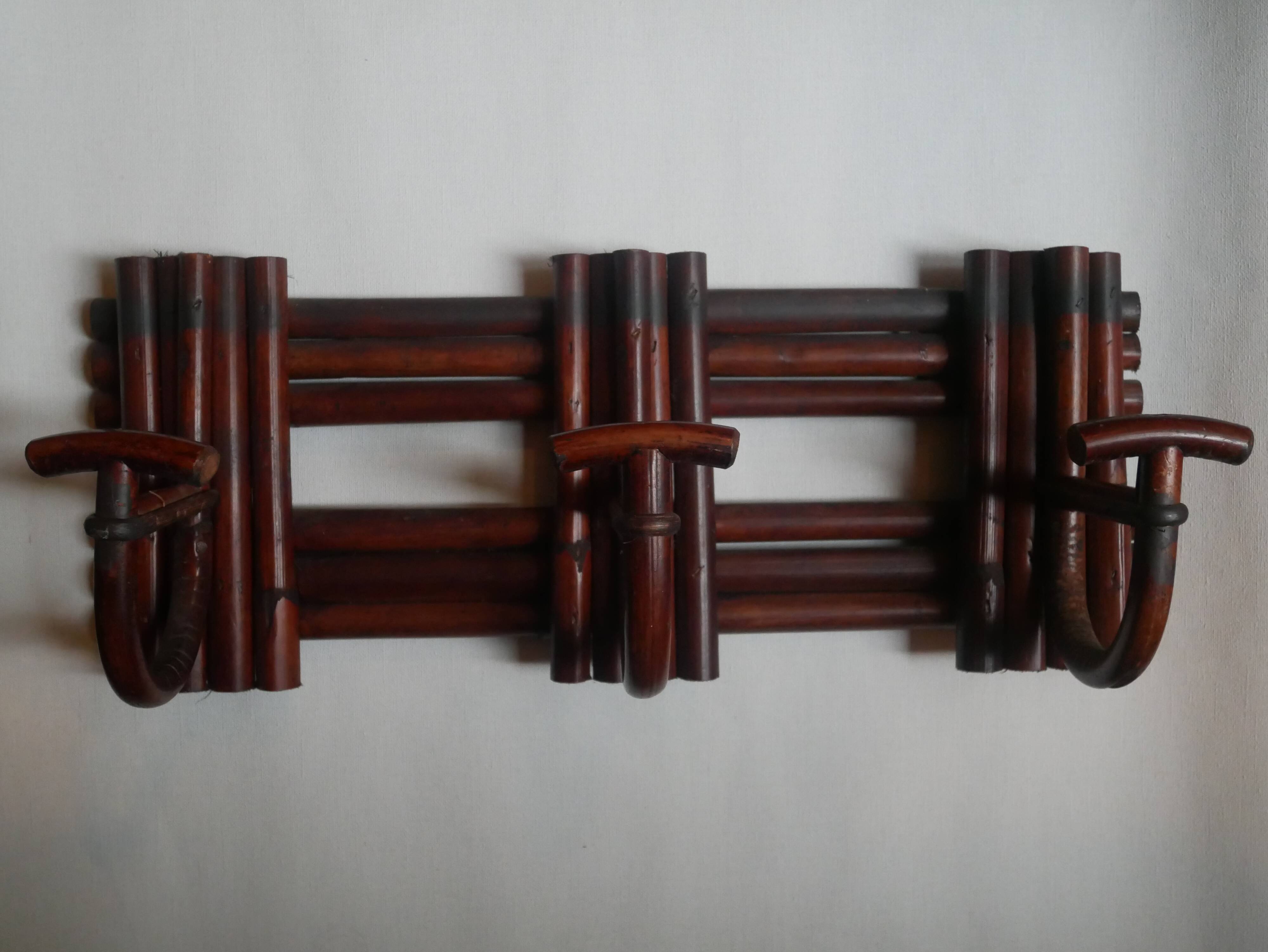 Vintage rattan handcrafted coat rack with three hooks, country decor