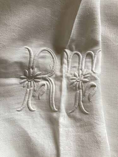 Nappe et 8 serviettes en damas de lin brodées RT vers 1900