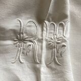 Nappe et 8 serviettes en damas de lin brodées RT vers 1900