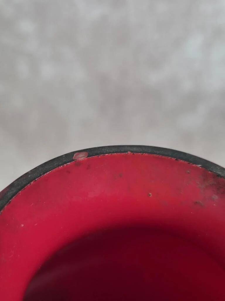 Vintage red glass vase – hand-painted floral decoration – signed Ar