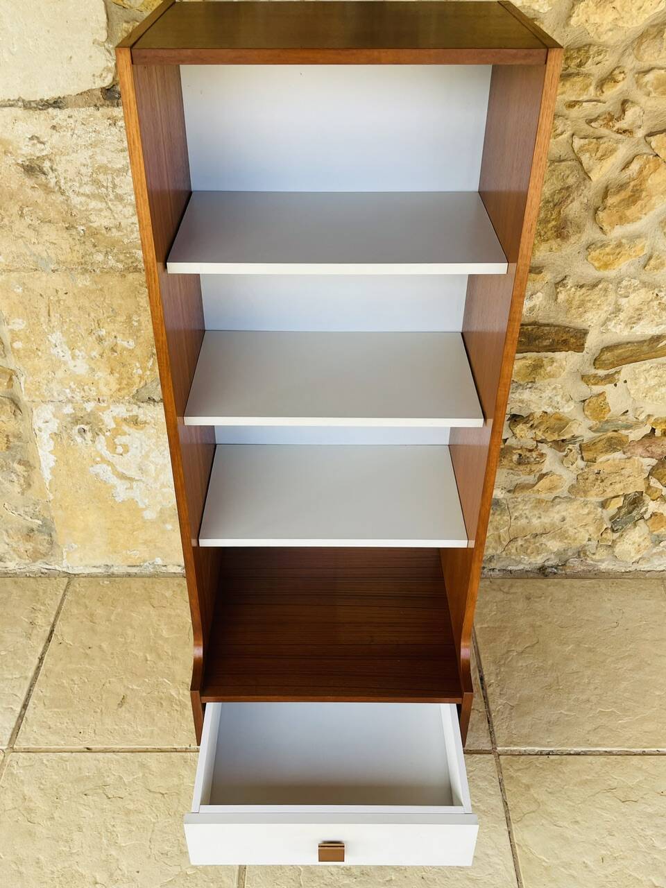 Vintage teak storage unit with shelves and drawer circa 1970s