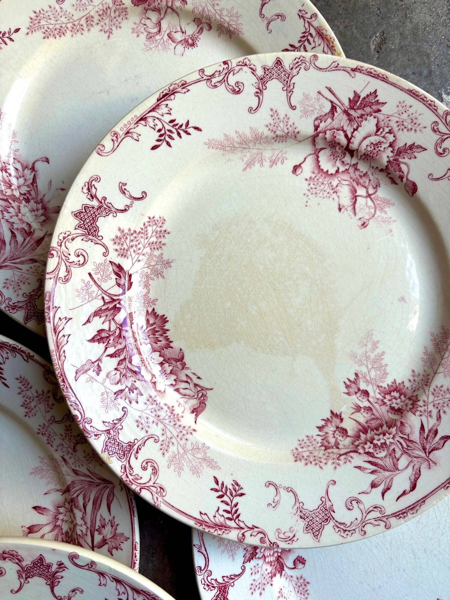 6 Boulenger & Cie flat plates in ecru and pink enamelled ironstone,