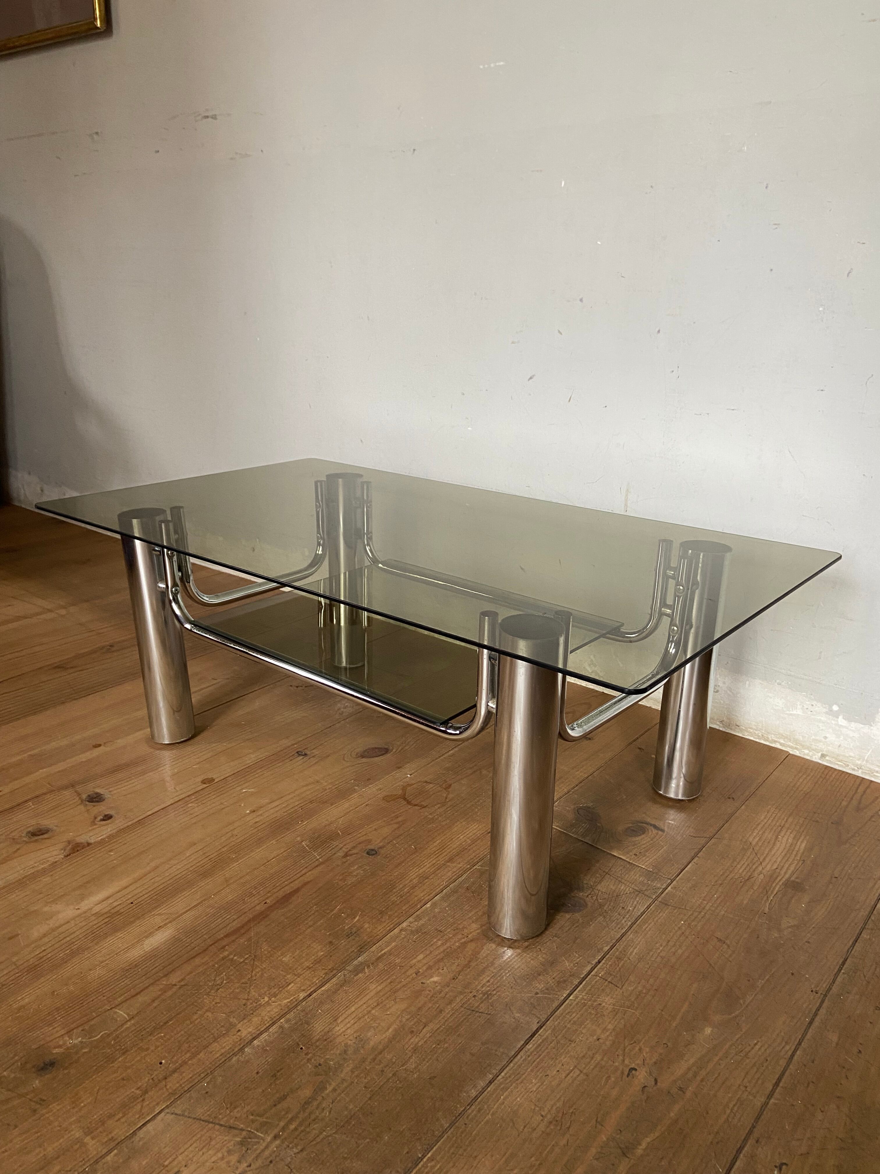 Coffee table chrome and smoked glass design 70s