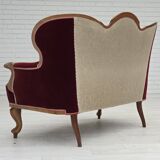 Canapé danois 2 places des années 1930, velours d'ameublement, bois de frêne, retapissé.