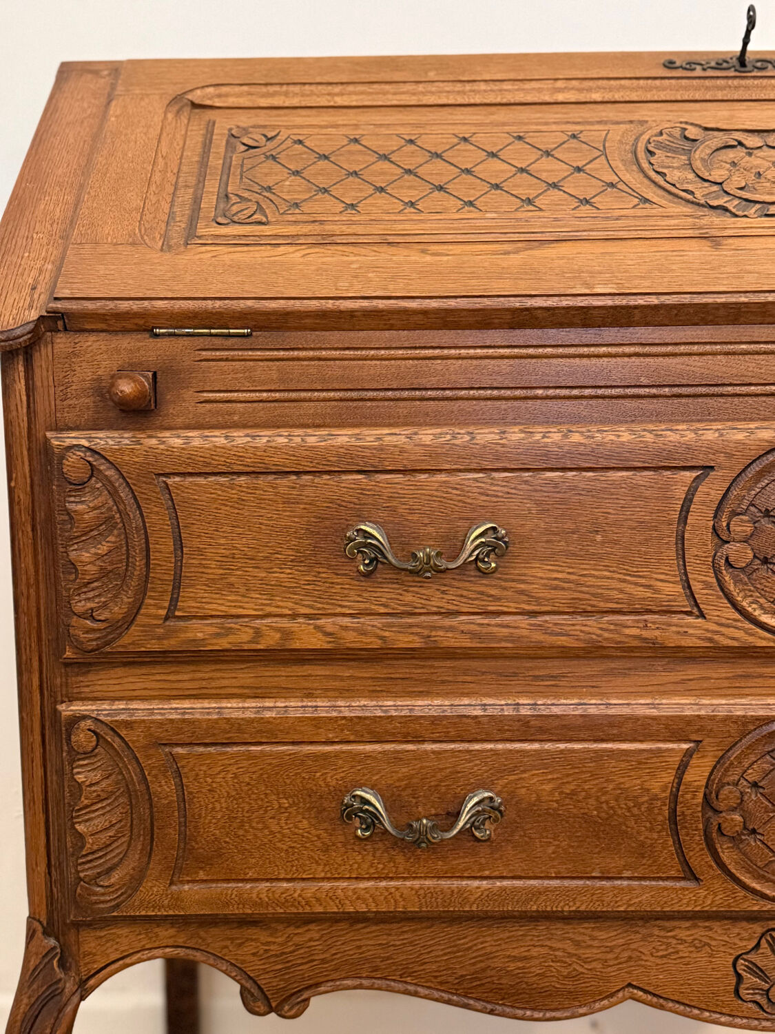 Carved oak secretary