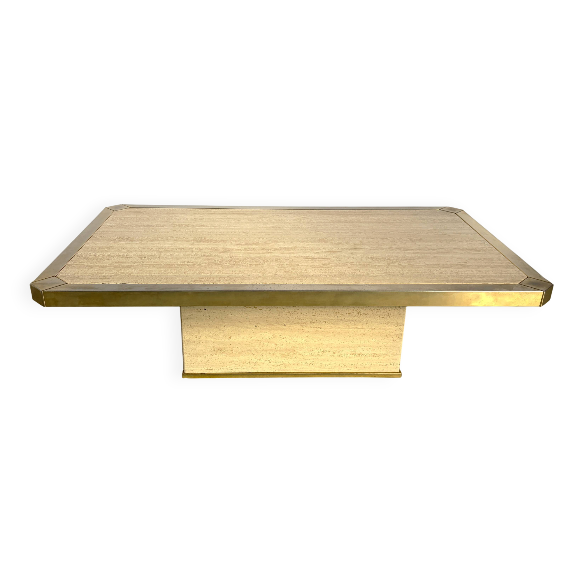 Vintage travertine and brass coffee table, 1970s