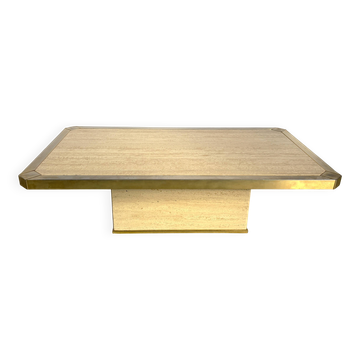 Vintage travertine and brass coffee table, 1970s