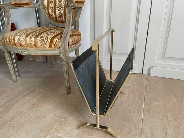 Gold and leather metal magazine rack 1950