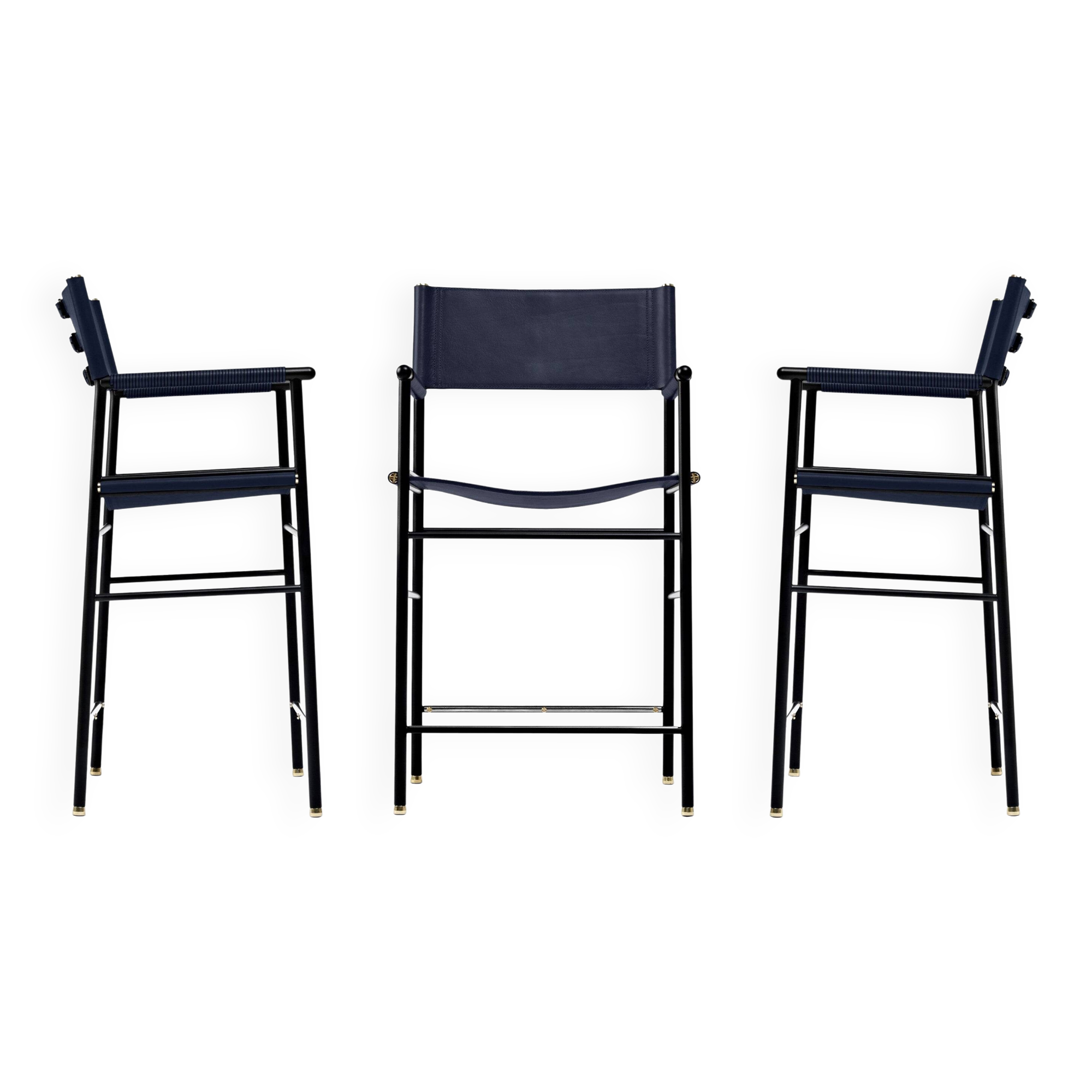 Set of 3 Counter Stools with Navy Blue Leather Backrest and Black Metallic Rubber