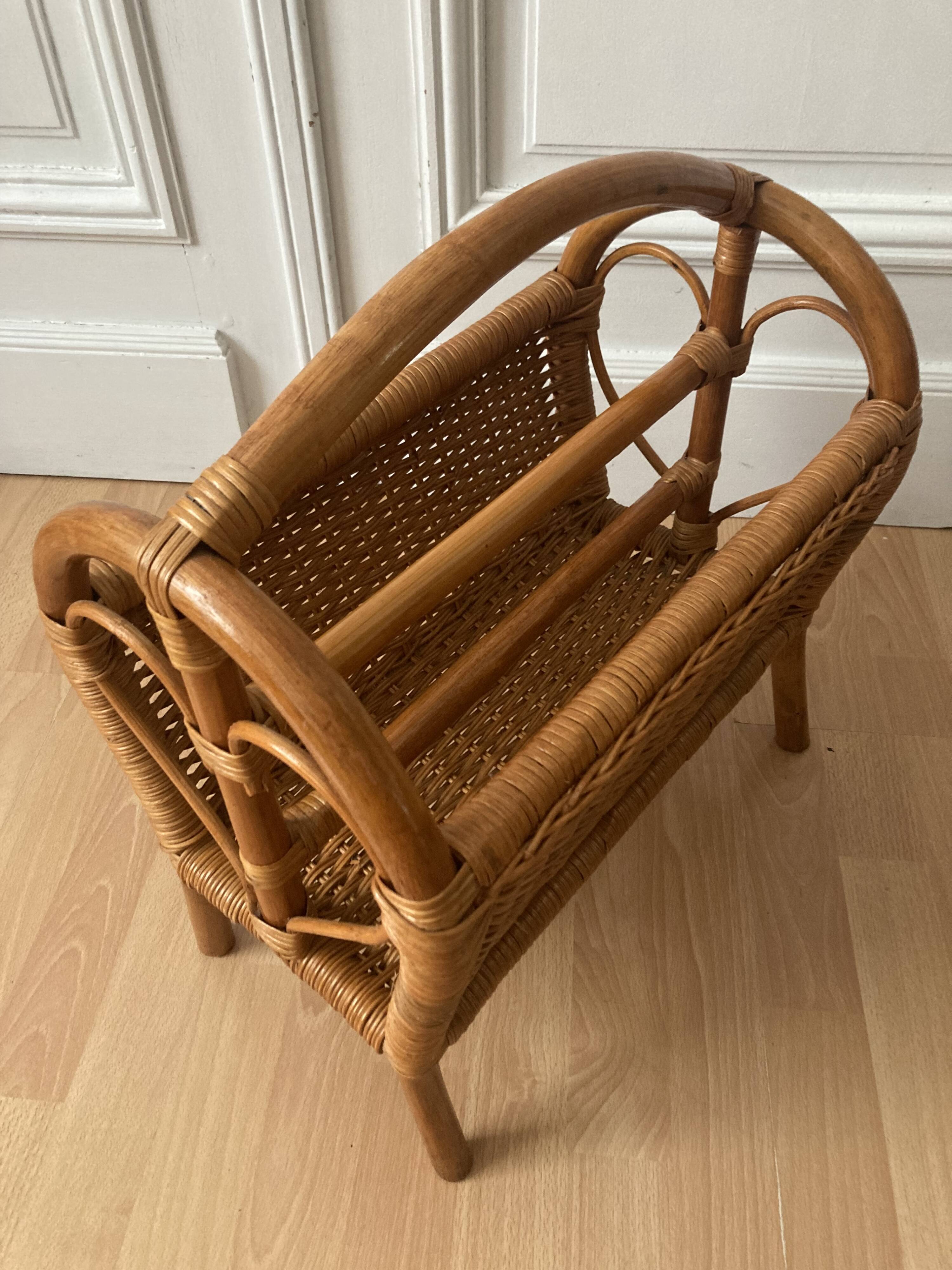 Vintage bamboo rattan magazine holder 70s