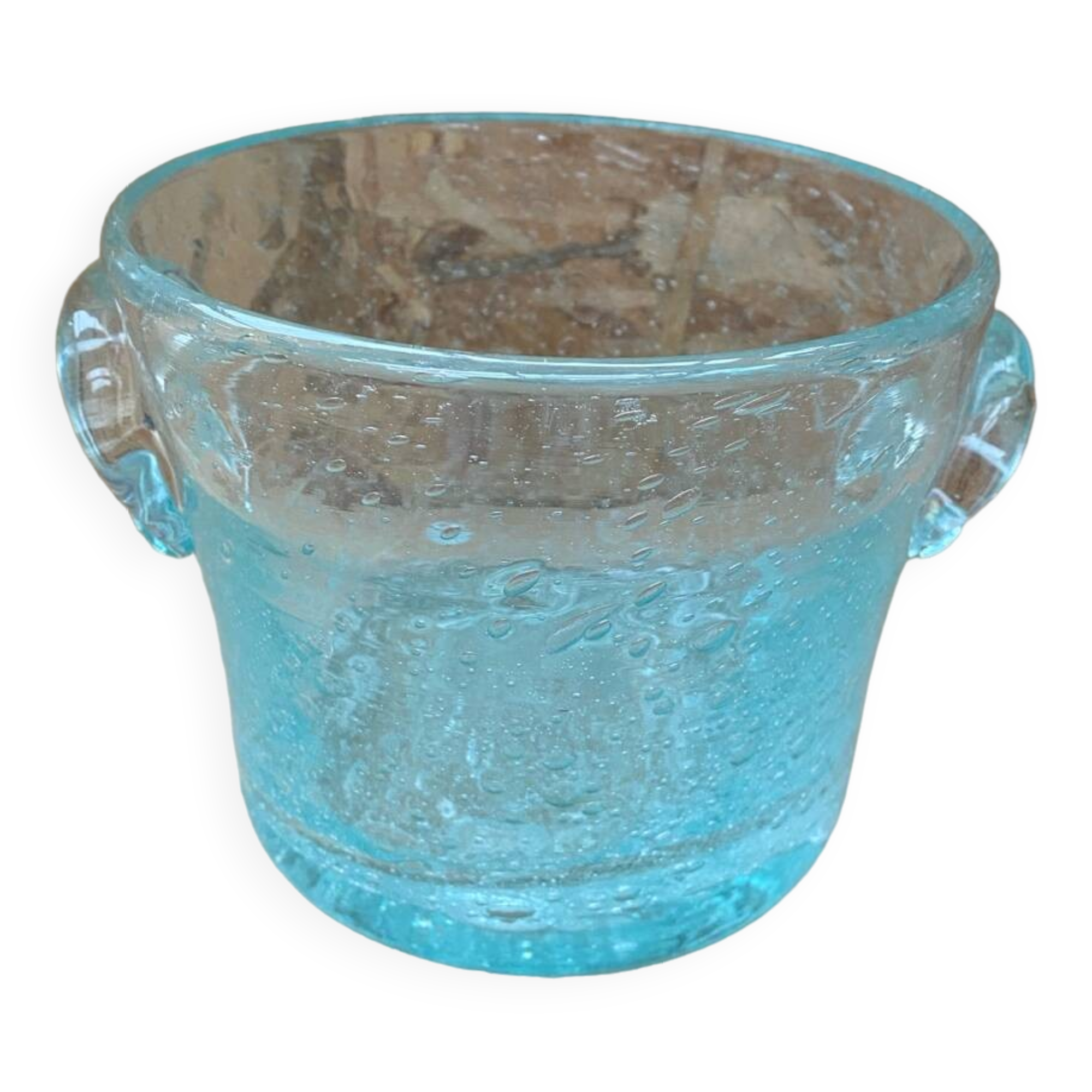 Antique BIOT Style Ice Bucket Blue Bubble Blown Glass Vintage #B620