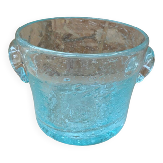 Antique BIOT Style Ice Bucket Blue Bubble Blown Glass Vintage #B620