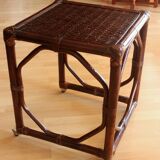 Small side table on rolls made of rattan, bamboo and wood, handmade Vintage