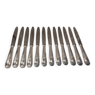 12 silver-plated metal table knives, Platil rocaille silversmith design, 24.6cm