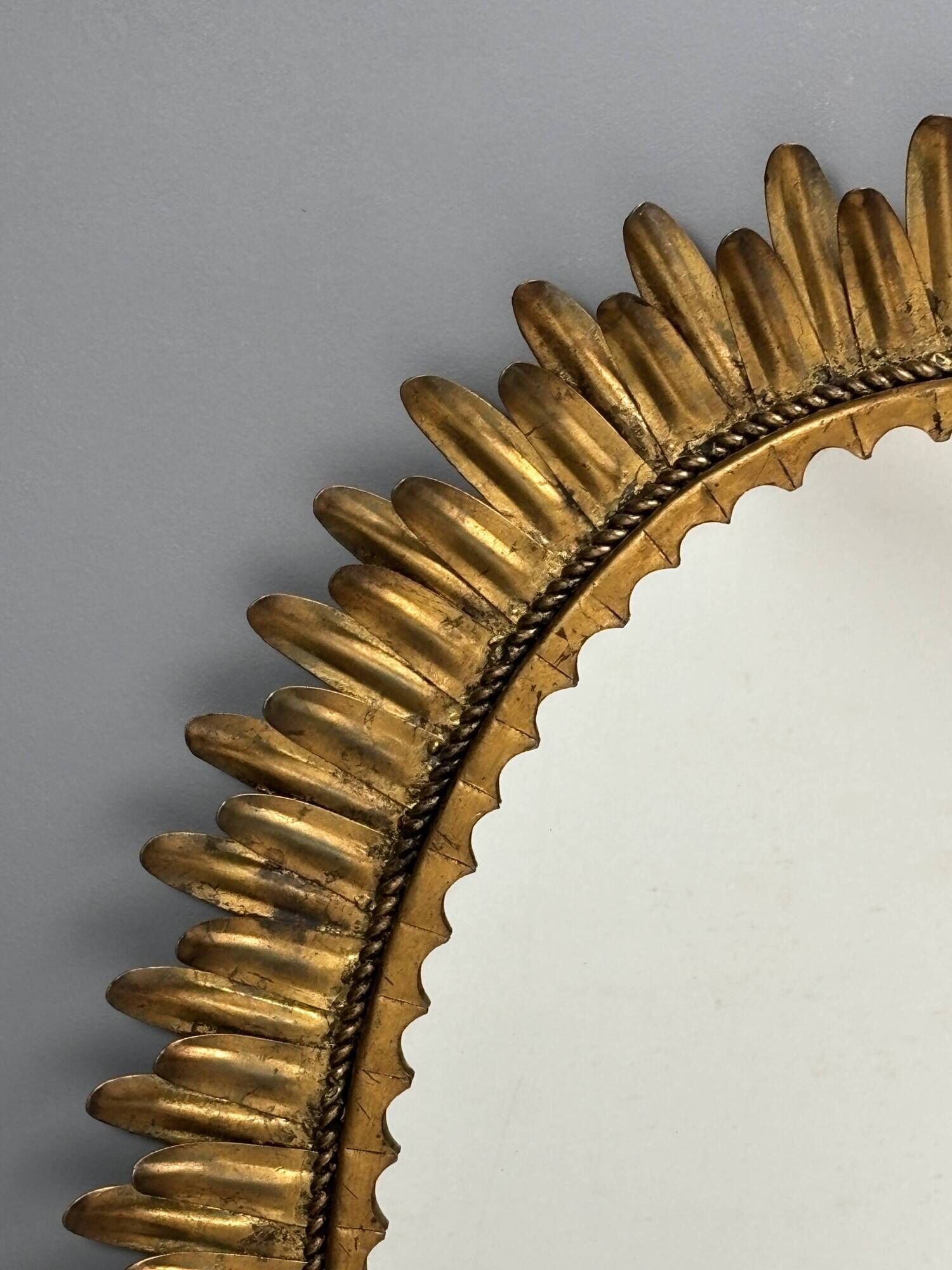 Midcentury bohemian Hollywood Regency Spanish gilt metal sun mirror, 1960s