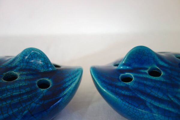 2 pique fleurs canard en céramique bleue