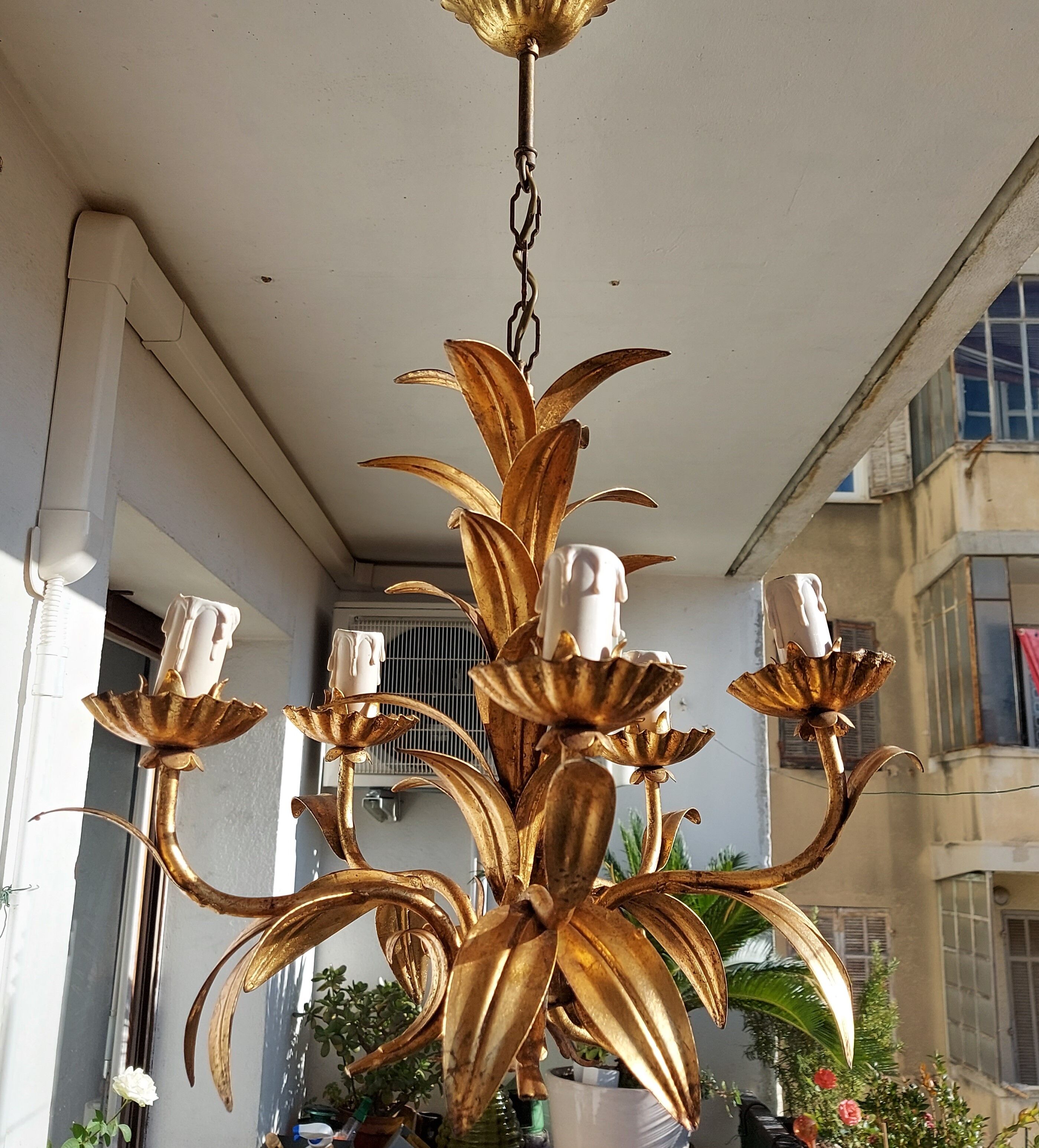 Chandelier gilded metal leaves by Hans Kogl, 1970's