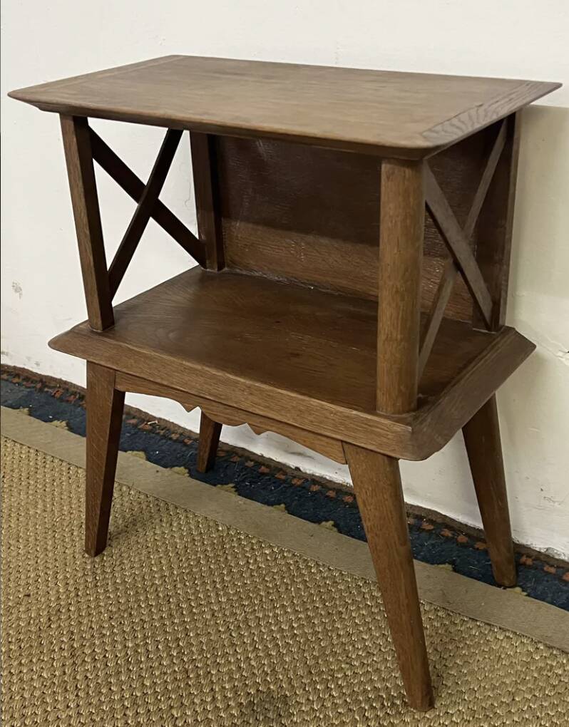 Bedside table with crossbars, vintage compass legs