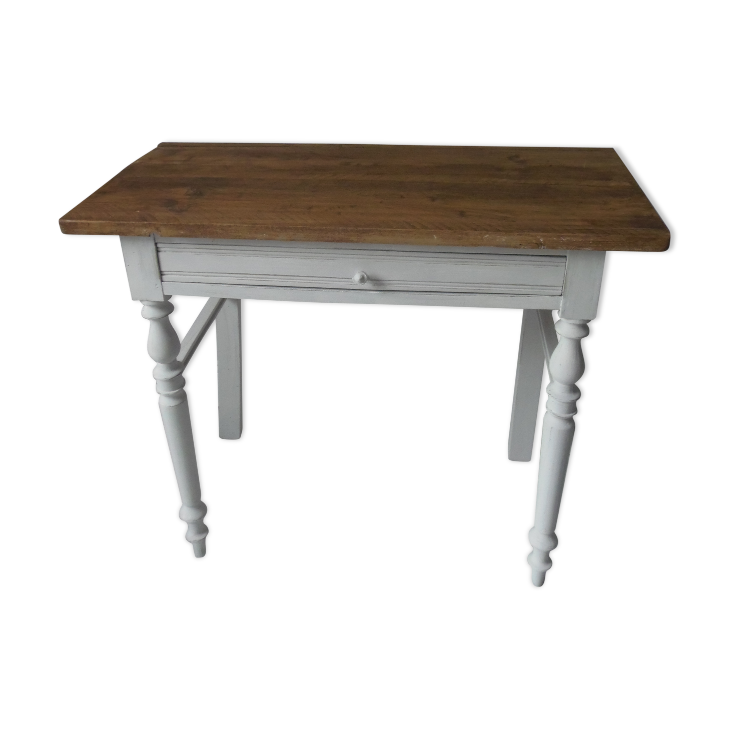 Dessert, old desk, pedestal and pearl grey patinated oak belt, wooden tray