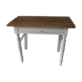 Dessert, old desk, pedestal and pearl grey patinated oak belt, wooden tray