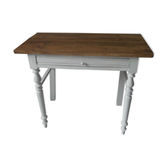 Dessert, old desk, pedestal and pearl grey patinated oak belt, wooden tray